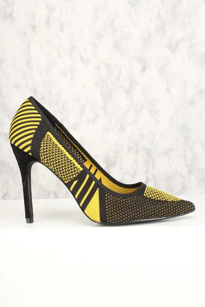 Sexy Yellow Graphic Print Perforated High Heels Pumps Knit - AMIClubwear