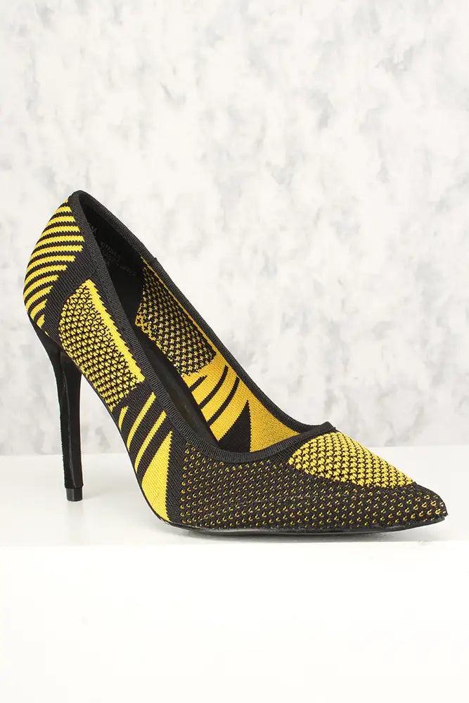 Sexy Yellow Graphic Print Perforated High Heels Pumps Knit - AMIClubwear