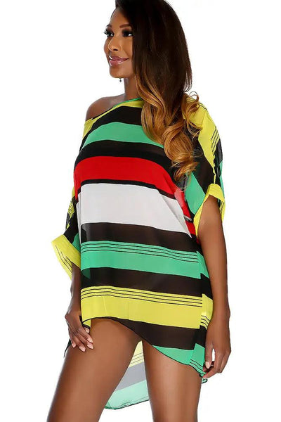 Sexy Yellow Green Striped Short Sleeve One Piece Swimsuit Cover Up - AMIClubwear