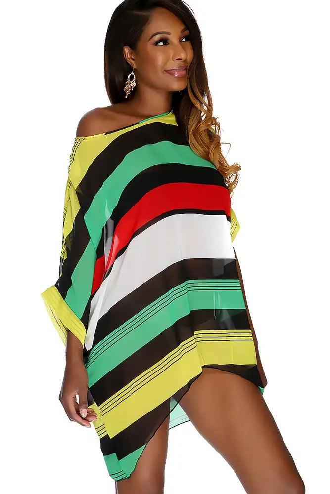 Sexy Yellow Green Striped Short Sleeve One Piece Swimsuit Cover Up - AMIClubwear