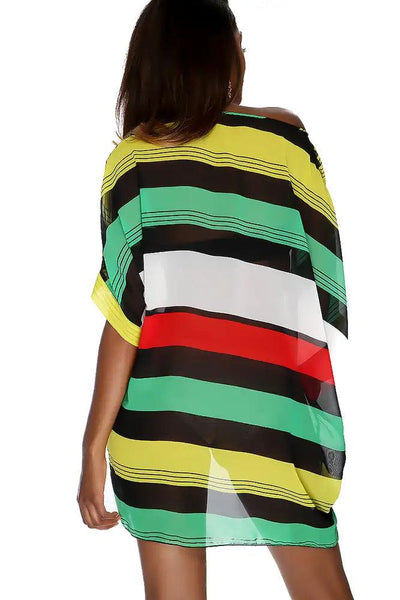 Sexy Yellow Green Striped Short Sleeve One Piece Swimsuit Cover Up - AMIClubwear
