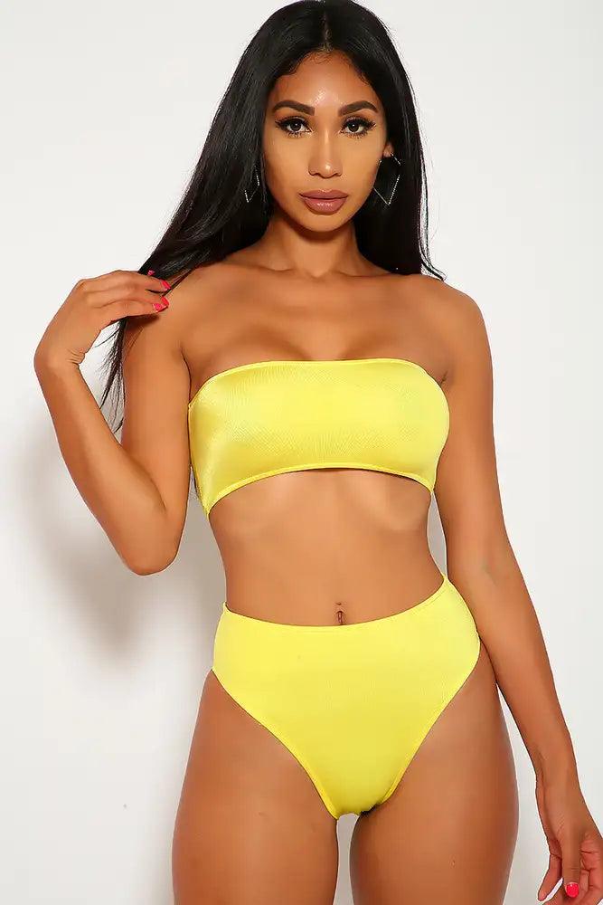 Sexy Yellow High Shine Bandeau High Waisted Two Piece Swimsuit - AMIClubwear