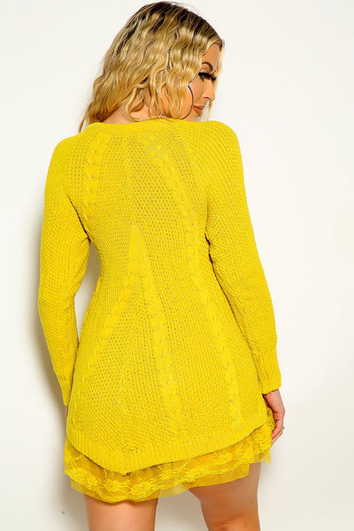 Sexy Yellow Long Sleeve Cable Knit Floral Lace Sweater - AMIClubwear