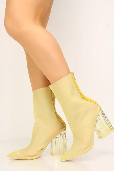 Sexy Yellow Lycra Clear Chunky Heel Booties - AMIClubwear