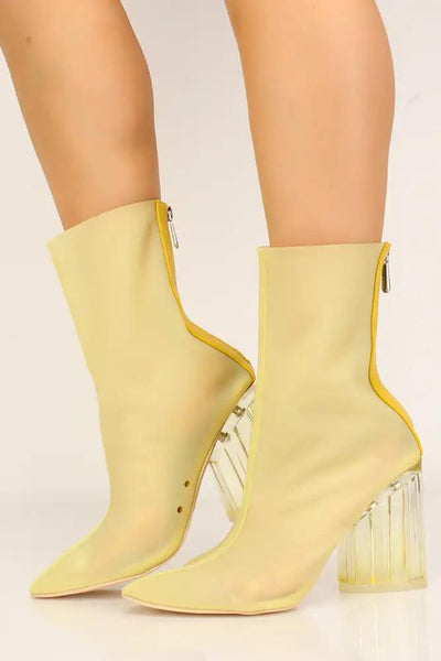 Sexy Yellow Lycra Clear Chunky Heel Booties - AMIClubwear