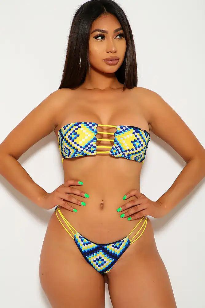 Sexy Yellow Navy Geometric Print Bandeau Strappy Detailing Two Piece Swimsuit - AMIClubwear