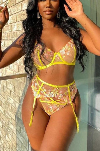 Sexy Yellow Pink Lace 2pc Lingerie Set With Garter Straps - AMIClubwear
