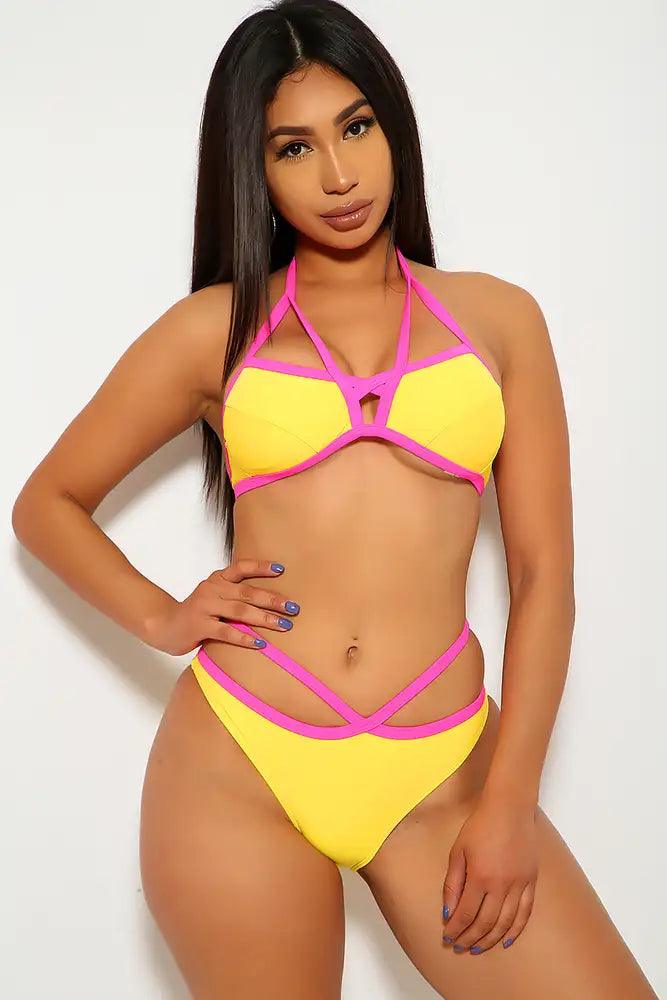 Sexy Yellow Pink Two Tone Strappy Padded Two Piece Bikini - AMIClubwear