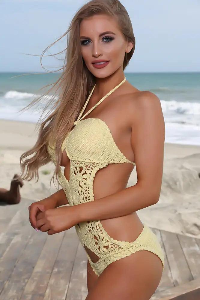 Sexy Yellow Push Up Embroidered Crochet Halter Monokini - AMIClubwear