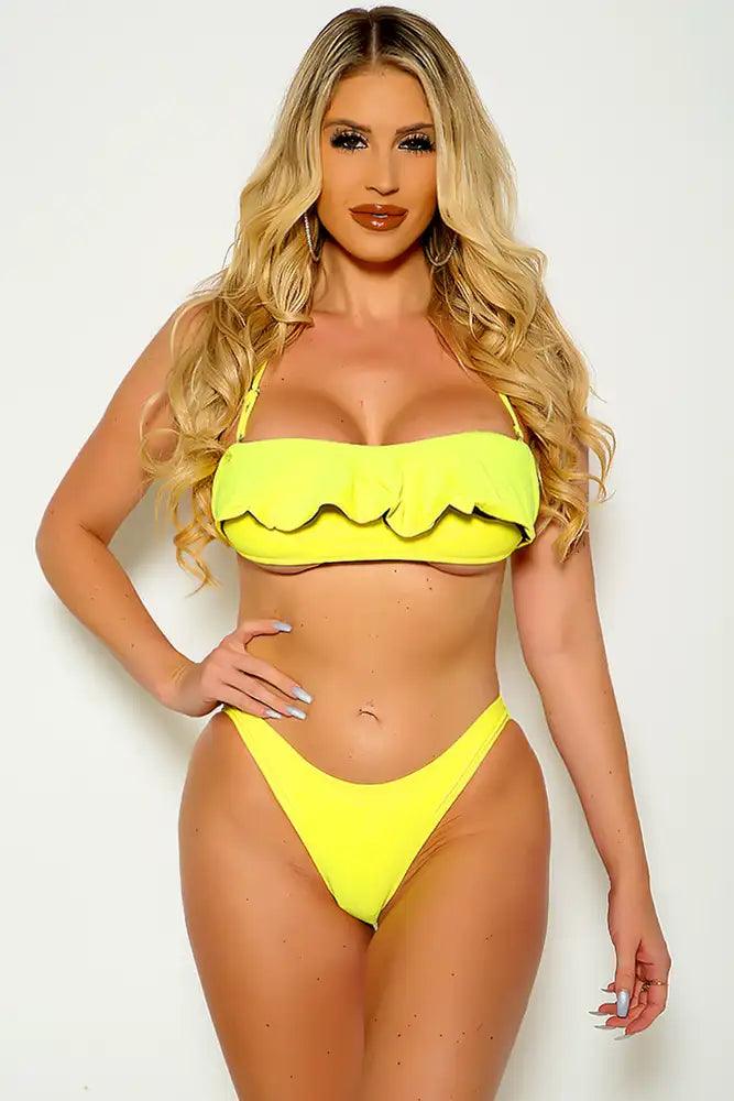 Sexy Yellow Ruffle Overlay Padded Bandeau Two Piece Swimsuit - AMIClubwear
