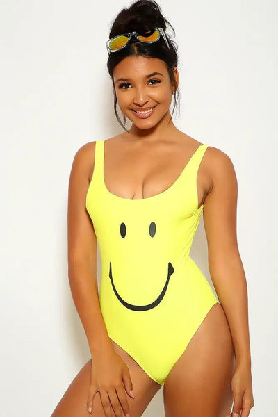 Sexy Yellow Smiley Face Print One Piece Bikini - AMIClubwear