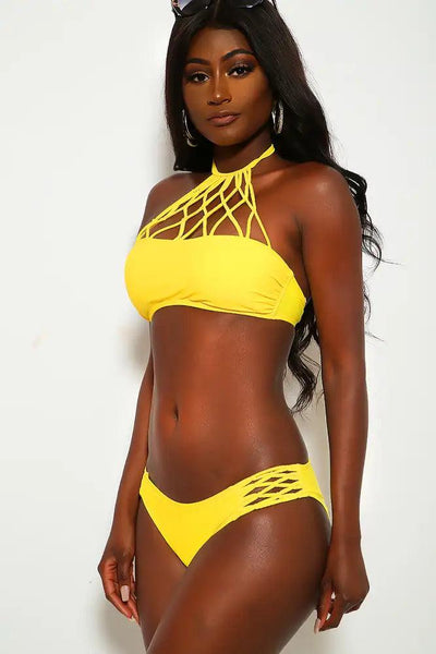Sexy Yellow Strappy Caged Halter Two Piece Swimsuit - AMIClubwear