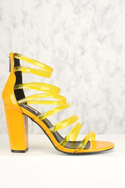 Sexy Yellow Strappy Open Toe Chunky High Heels Patent - AMIClubwear