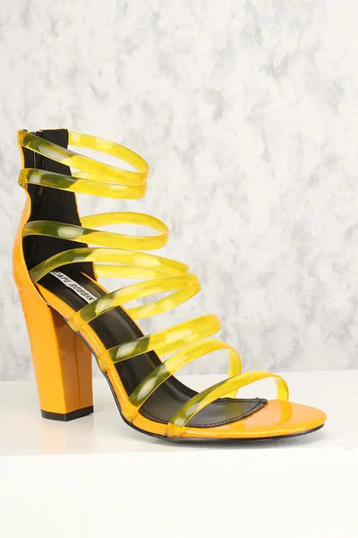 Sexy Yellow Strappy Open Toe Chunky High Heels Patent - AMIClubwear