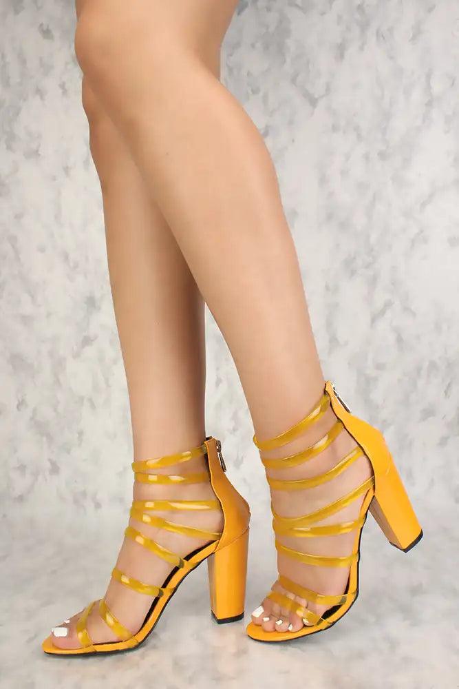 Sexy Yellow Strappy Open Toe Chunky High Heels Patent - AMIClubwear