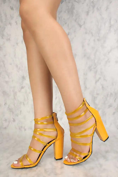 Sexy Yellow Strappy Open Toe Chunky High Heels Patent - AMIClubwear