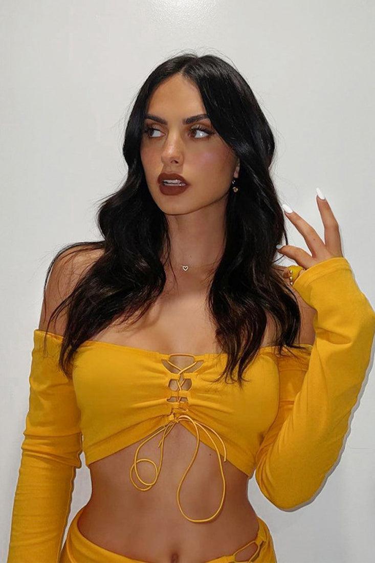 Sexy Yellow Two Piece Side Tie Mini Skirt Long Sleeve Outfit - AMIClubwear