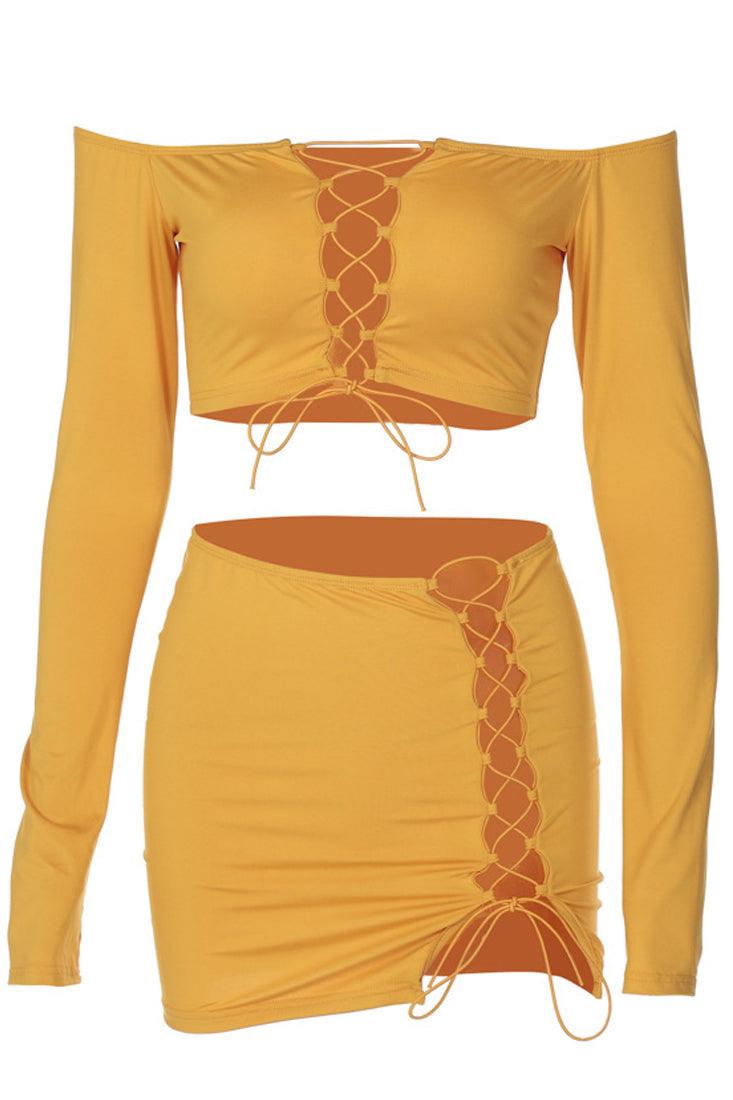 Sexy Yellow Two Piece Side Tie Mini Skirt Long Sleeve Outfit - AMIClubwear