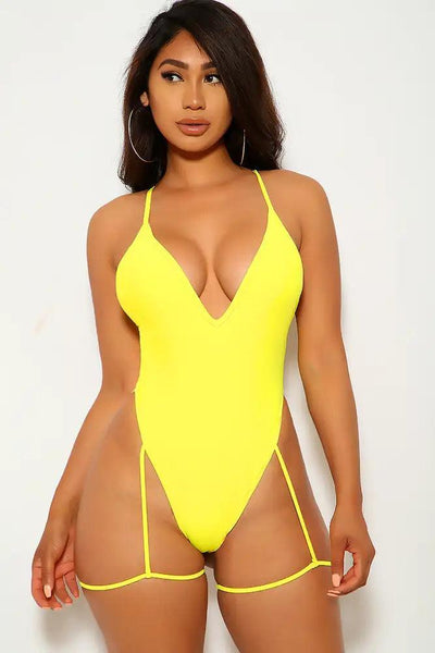 Sexy Yellow V-Cut Garter Belt One Piece Swimsuit - AMIClubwear