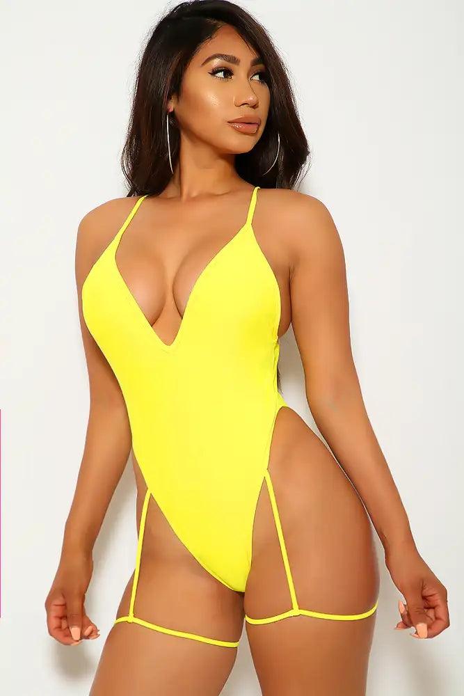 Sexy Yellow V-Cut Garter Belt One Piece Swimsuit – AMIClubwear