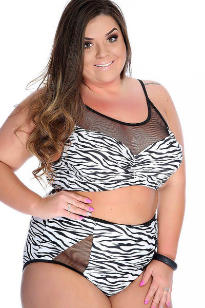 Sexy Zebra Print Mesh Cut Out Plus Size Two Piece Swim Suit - AMIClubwear