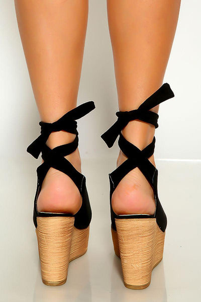 Black Print Peep Toe Wrap Around Platform Wedges - AMIClubwear