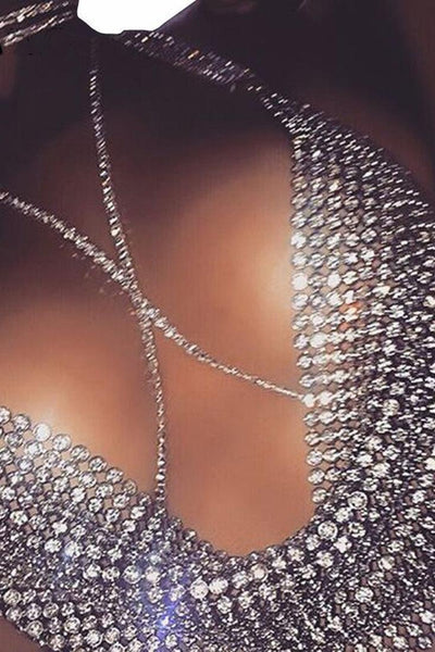 Silver Bedazzled Backless Party Crop Top - AMIClubwear