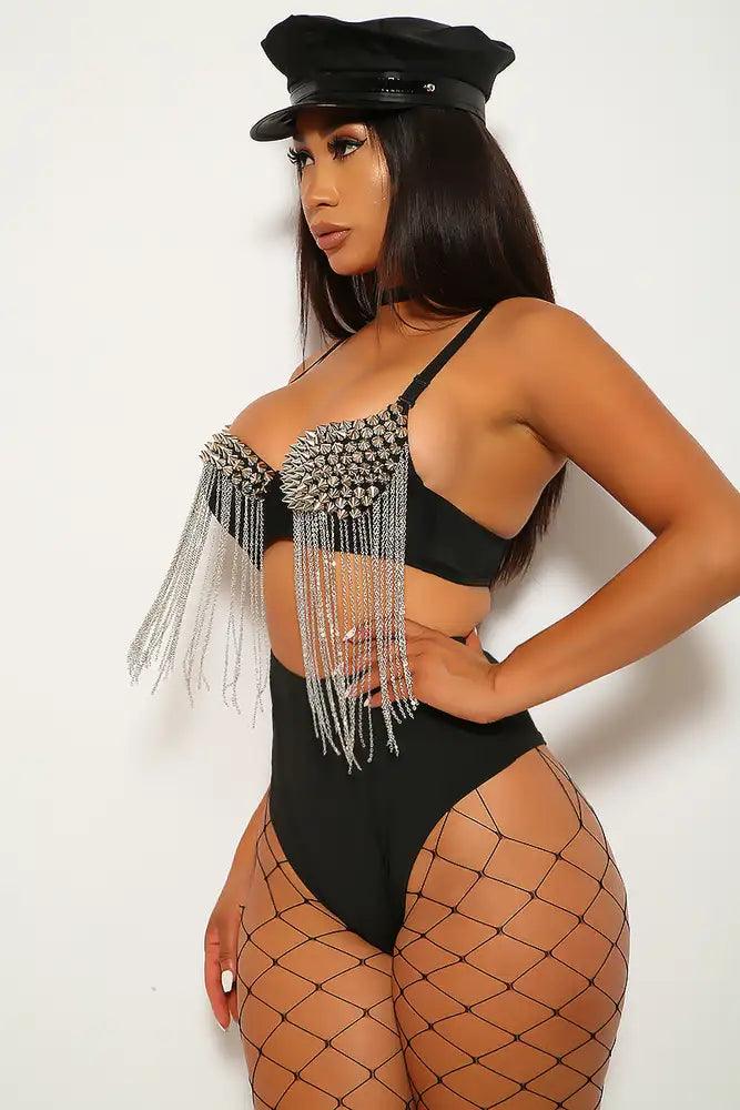 Silver Black Spike Studs Fringed Top Costume - AMIClubwear