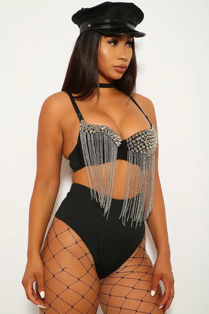 Silver Black Spike Studs Fringed Top Costume - AMIClubwear