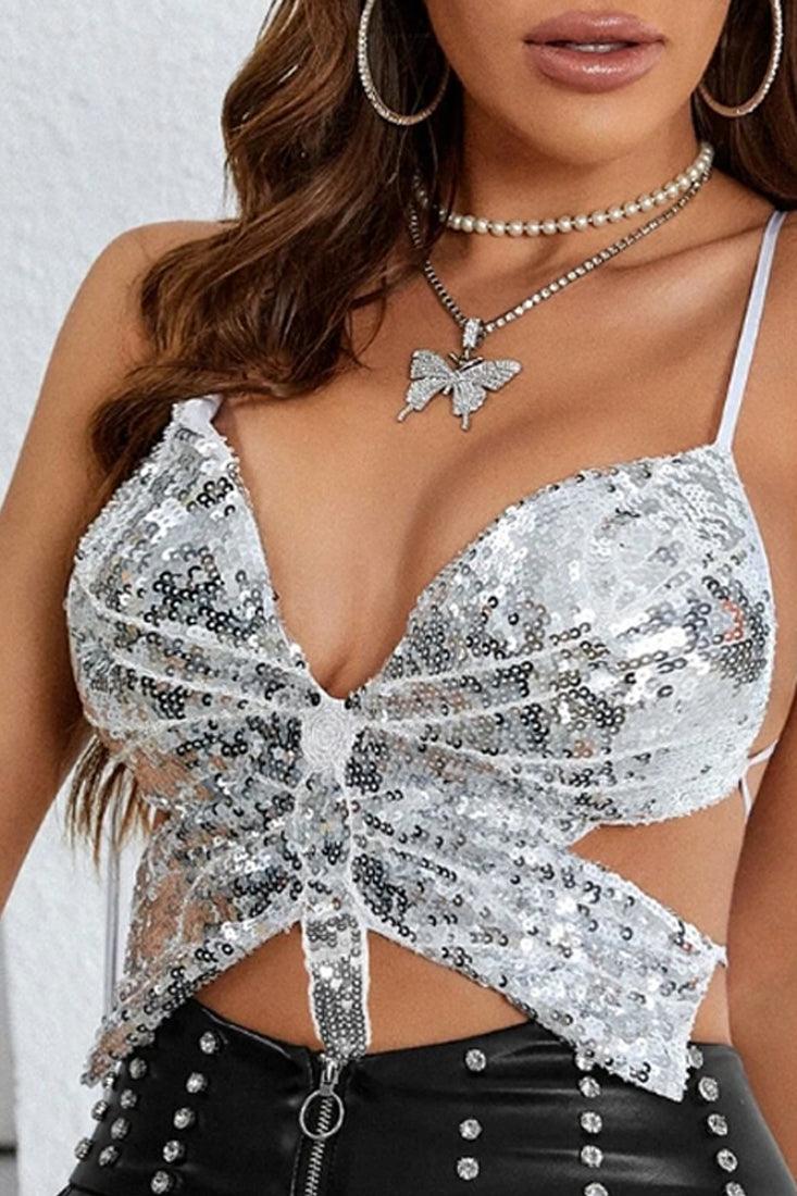 Silver Butterfly Sequin Sexy Backless Crop Top - AMIClubwear
