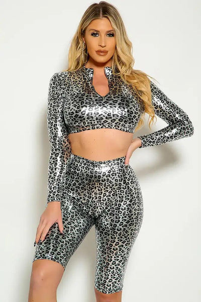 Silver Cheetah Long Sleeve Cropped Metallic Two Piece Shorts Outfit - AMIClubwear