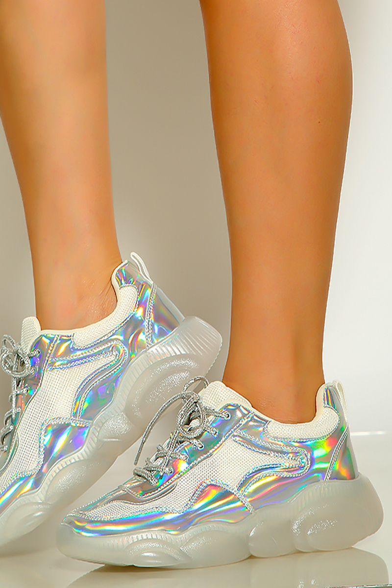 Silver Closed Toe Iridescent Lace Up Sneakers - AMIClubwear