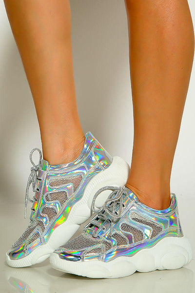 Silver Closed Toe Metallic Lace Up Sneakers - AMIClubwear