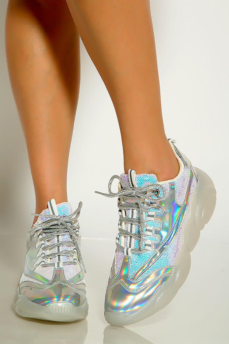 Silver Closed Toe Sequin Iridescent Lace Up Sneakers - AMIClubwear