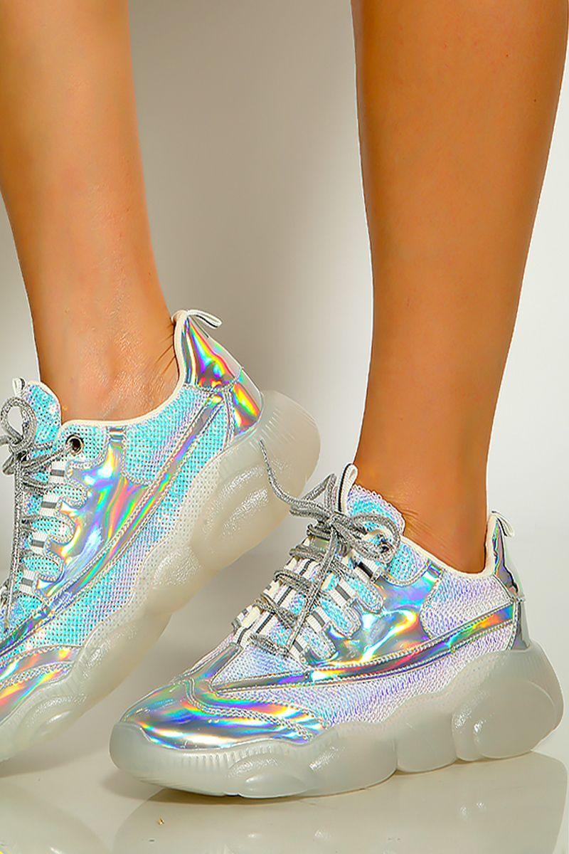 Silver Closed Toe Sequin Iridescent Lace Up Sneakers - AMIClubwear