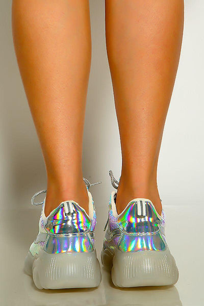 Silver Closed Toe Sequin Iridescent Lace Up Sneakers - AMIClubwear