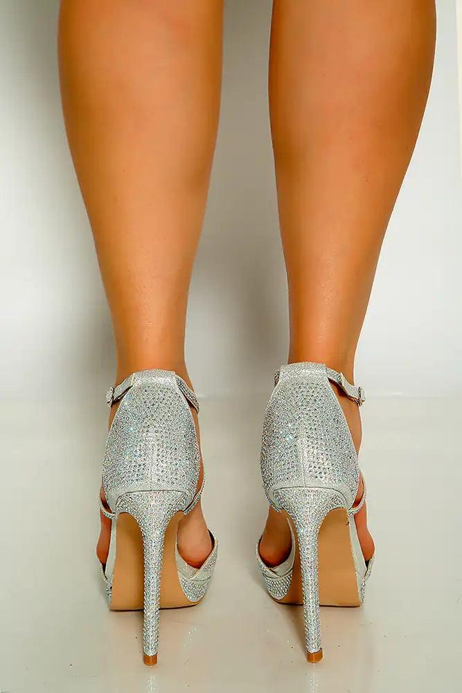 Silver Cross Strap Rhinestone High Heels - AMIClubwear