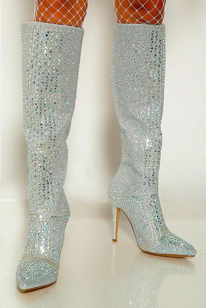 Silver Embellished Knee High Boots - AMIClubwear