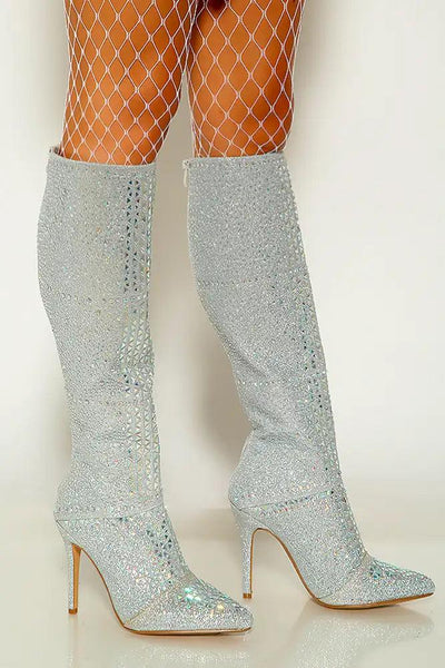 Silver Embellished Knee High Boots - AMIClubwear