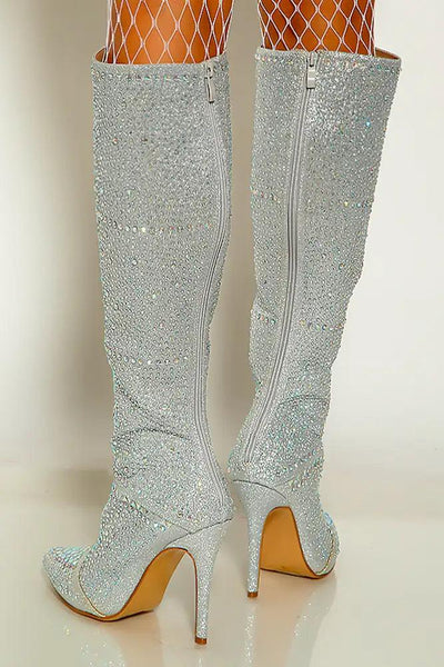 Silver Embellished Knee High Boots - AMIClubwear