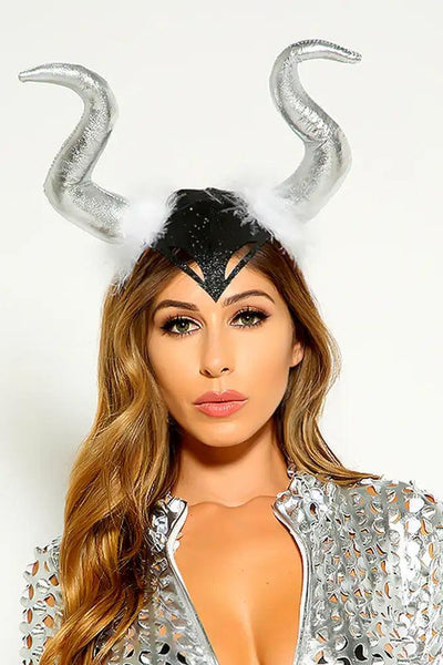 Silver Evil Queen Glitter Horns Headband - AMIClubwear