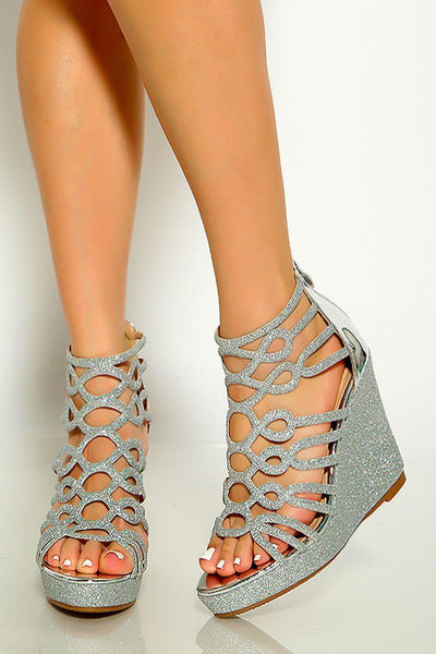 Silver Glitter Strappy Wedges - AMIClubwear