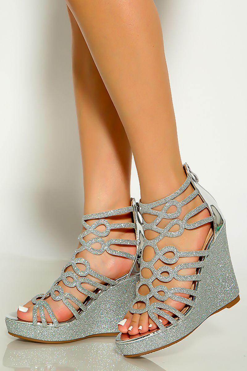 Silver Glitter Strappy Wedges - AMIClubwear