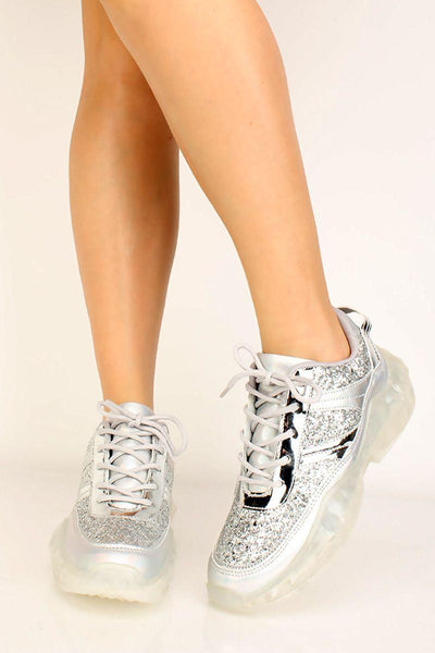 Silver Glittery Metallic Lace Up Sneakers - AMIClubwear