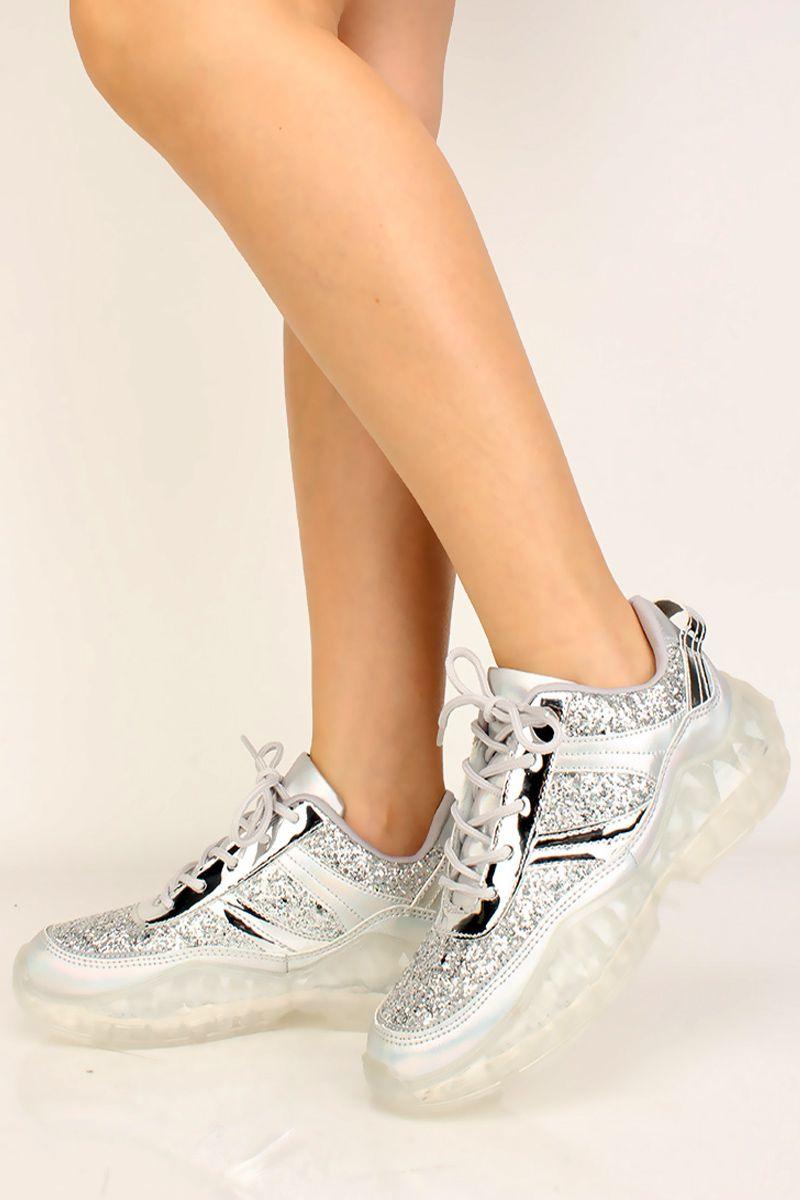 Silver Glittery Metallic Lace Up Sneakers AMIClubwear