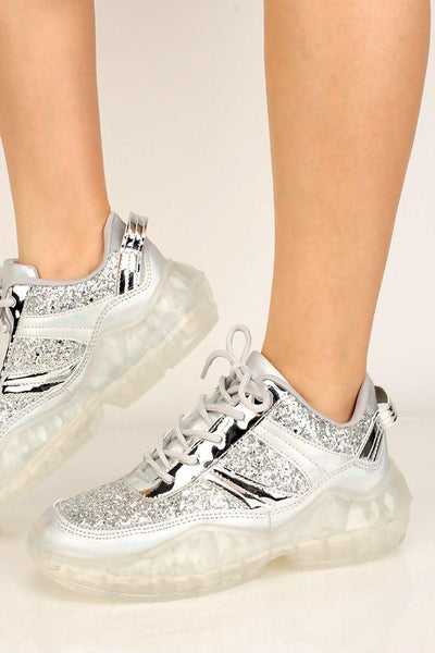 Silver Glittery Metallic Lace Up Sneakers - AMIClubwear