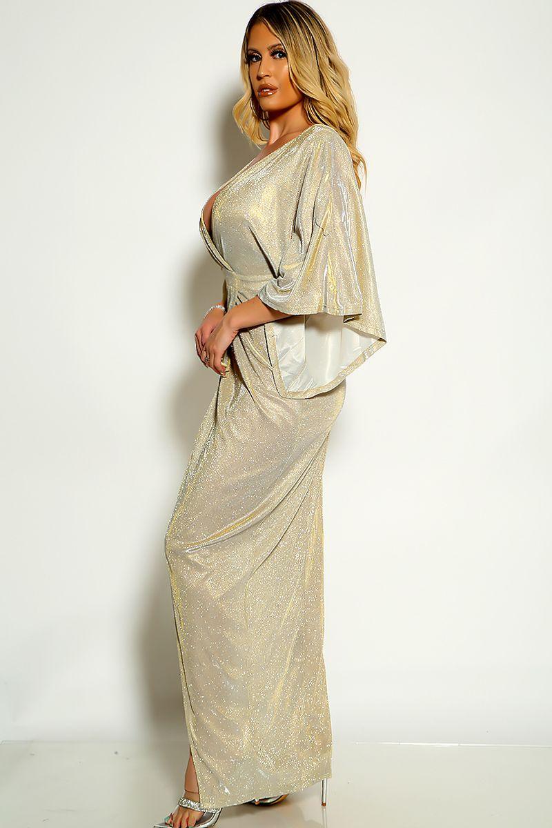 Silver Gold Kimono Sleeves Pleated Metallic Maxi Dress - AMIClubwear