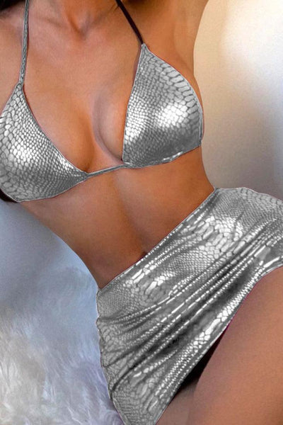 Silver Halter Snake Print Metallic Three Piece Cover Up Sexy Swimsuit - AMIClubwear