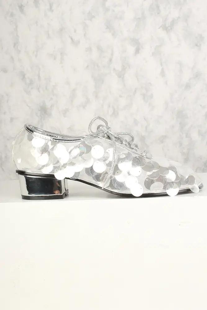 Silver Holographic Sequin Oxford Chunky High Heels - AMIClubwear