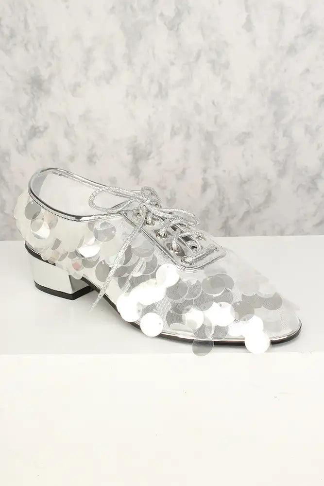 Silver Holographic Sequin Oxford Chunky High Heels - AMIClubwear